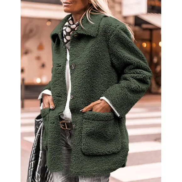 Trendy Women's Sherpa Fleece Jacket with Lapel Collar - Cozy Winter Essential